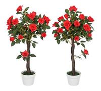 Outsunny Set of 2 90cm/3FT Artificial Rose Tree, Fake Decorative Plant with Pot, Indoor Faux Decoration Home Office Decor, Red