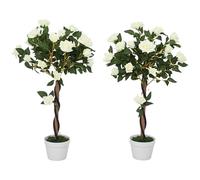 Outsunny Set of 2 90cm/3FT Artificial Rose Tree, Fake Decorative Plant with Pot, UV-Resistant Faux Tree for Outdoor Indoor Home Office Decor, White