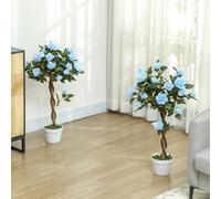 Outsunny Set of 1/2 90cm Artificial Rose Tree, Fake Decorative Plant - Light Blue and Green - 90 - Set of 2