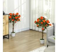 Outsunny Set of 1/2 90cm Artificial Rose Tree, Fake Decorative Plant - Orange and Green - 90 - Set of 2