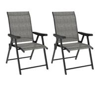 Outsunny Set of 2 Folding Chair, Garden Chair Set with Breathable Mesh Back and Seat, Outdoor Camping Chairs with Armrests, Steel Frame for Deck Balcony, Black and Grey Black and Grey