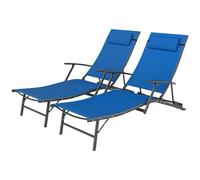 Outsunny Set of 2 Folding Sun Loungers for Garden, 4 Positions Adjustable Outdoor Chaise Lounge Chairs with Armrests, Pillows, Steel Frame, Sunbed Recliners for Patio, Beach and Poolside, Blue Blue