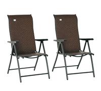 Outsunny Set of 2 Outdoor Wicker Folding Chairs, Patio PE Rattan Dining Armrests Chair set with 7 Levels Adjustable Backrest, for Outdoors, Camping, Brown Brown