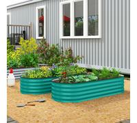 Outsunny Set of 2 Raised Beds for Garden, Outdoor Galvanised Planter Box with Plant Support Stakes, Rubber Strap Edging and Bottomless for Flower, Vegetable, 150 x 60 x 30 cm, Green
