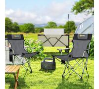 Outsunny Set of 2 Reclining Folding Camping Chair w/ Detachable Footrest, Storage Bag, Cup Holder & Headrest, Lightweight Portable Camp Chair for Beach, Picnic, Grey and Black