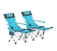 Outsunny Set of 2 Reclining Folding Camping Chair w/ Detachable Footrest, Storage Bag, Cup Holder & Headrest, Blue and Grey