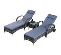 Outsunny Set Of Two Rattan Sun Loungers With Side Table - Grey