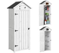 Outsunny Small Shed, Tall Slim Wooden Garden Shed with 3 Removable Shelves and Roof Hatch, Compact Outdoor Tool Storage Cabinet with Asphalt Roof and Door Latch, 77 x 54.2 x 179 cm, Light Grey