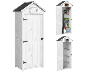 Outsunny Small Shed, Tall Slim Wooden Garden Shed with 3 Removable Shelves and Roof Hatch, Compact Outdoor Tool Storage Cabinet with Asphalt Roof and Door Latch, 77 x 54.2 x 179 cm, Light Grey