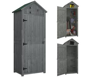 Outsunny Small Wooden Garden Shed with Lockable Double Doors, Shelves, Roof Hatch for Garden Tools, Grey Aosom UK
