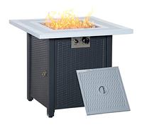 Square Propane Gas Fire Pit Table Rattan Smokeless Heater with Lava Rocks & Lid