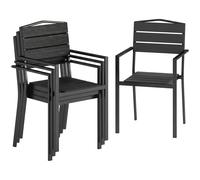 Outsunny Stackable Garden Chairs Set of 4, Garden Dining Chairs with Slatted HDPE Seat Back, Armrests, Metal Frame, Black