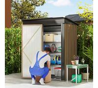 Outsunny 5x3ft Garden Shed, Outdoor Metal Shed with Adjustable Shelf, Pent Roof, Lock and Gloves for Patio Tool Storage, Brown with Foundation Kit