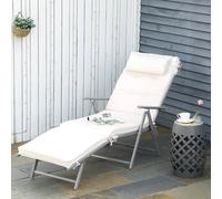 Outsunny Outdoor Patio Sun Lounger Garden Textilene Foldable Reclining Chair Pillow Adjustable Recliner with Cushion - Cream White, White