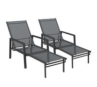 Outsunny Sun Loungers Set of 2 Retractable Footrest 5-Position Adjustable Steel Frame for Beach, Porch, Patio, Camping, Dark Grey
