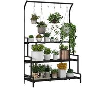 Outsunny Tall Plant Stand with Hanging Hooks, 3 Tiered Plant Ladder Shelf