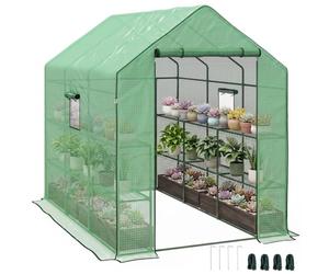 Outsunny Walk-in Greenhouse with 3 Tier 12 Shelves 140 x 213 x 190 cm Green | Small Greenhouse, Reinforced PE Cover, Garden Plant Growhouse, Roll-up Door, Three Mesh Windows