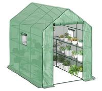 Outsunny Walk-in Greenhouse with 3 Tier 12 Shelves, Small Greenhouse with Reinforced PE Cover, Garden Plant Growhouse with Roll-up Door and Three Mesh Windows, 140 x 213 x 190 cm, Green