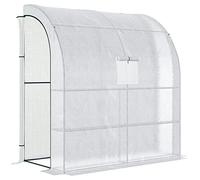 Outsunny Walk-In Lean to Wall Greenhouse with Windows and Doors, Outdoor Green House with 3 Tiers 4 Wired Shelves, 200L x 100W x 215Hcm, White