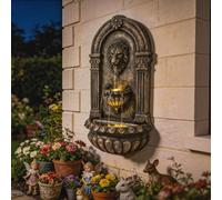 Outsunny Wall-Mounted Water Fountain, Garden Water Feature With Led Lights In Brown