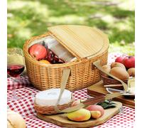 Outsunny Wicker Picnic Basket for 2 with Pine Wood Lid, Light Brown - 43L x 33W x 20H cm - Pine Wood, Wicker, Ceramic - Brown