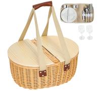 OUTSUNNY Wicker Picnic Basket for 2 with Pine Wood Lid, Light Brown Outsunny Brown