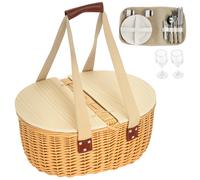 Outsunny Wicker Picnic Basket for 2 with Pine Wood Lid, Picnic Hamper with Cooler Compartment, Cutlery Service Kits, Carry Handle for Camping, Outdoor, Valentine Day, Chirtmas, Birthday, Light Brown B