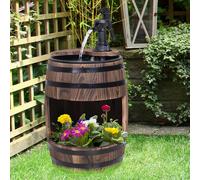 Outsunny Water Fountain Electric Pump Wood Barrel Patio Garden Decorative Ornament with Flower Planter Decor Carbonised Finish