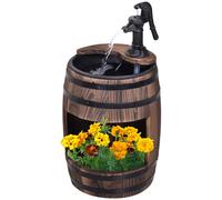 Outsunny Water Fountain Electric Pump Wood Barrel Patio Garden Decorative Ornament with Flower Planter Decor Carbonised Finish