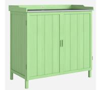 Outsunny Wood Garden Storage Cabinet, Outdoor Tool Shed, Potting Bench Table with galvanised Top and Two Shelves for garden Tools or Pool Accessories, Green