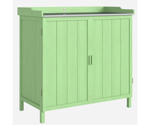 Outsunny Wood Garden Storage Cabinet, Outdoor Tool Shed, Potting Bench Table with galvanised Top and Two Shelves for garden Tools or Pool Accessories, Green