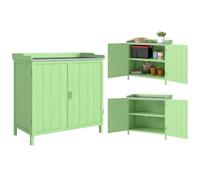 Outsunny Wood Garden Storage Cabinet with Galvanised Top Two Shelves Green | Outdoor Tool Shed, Potting Bench Table, for Garden Tools or Pool Accessories