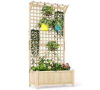 Outsunny Wood Planter with Trellis for Climbing Plants, Raised Bed, Planter Box with Drainage Holes to Grow Vegetables, Herbs and Flowers for Garden, Patio, Yard, Natural Wood Finish