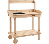 Outsunny Wood Potting Bench Work Table W/ 2 Wheels & Drawer, 92X45X119Cm In Natural Natural