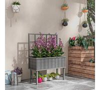 Outsunny Wood Raised Planter w/ Trellis Drain Holes Elevated Garden Bed Grey