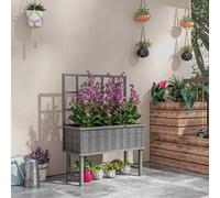 Outsunny Wood Raised Planter with Trellis Drain Holes Elevated Garden Bed Grey, Grey