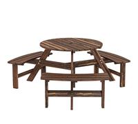 Outsunny Wooden Garden Dining Set, 6 Seater Round Dining Picnic Table with Matching Bench, Garden Furniture Set with Parasol Hole for Outdoor Patio Party and Family Gatherings, Carbonized