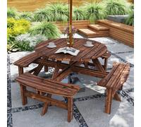 Outsunny Wooden Garden Dining Set with Parasol Hole for Outdoor, Tan