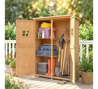 Outsunny Wooden Garden Shed Tool Storage Cabinet Double Door Shelf Natural Wood