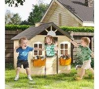 OUTSUNNY Wooden Kids Playhouse w/ Door, Windows, Bench, For Ages 3-7 Years in Brown Outsunny Brown