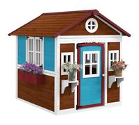 Outsunny Wooden Playhouse for Kids Outdoor Wendy House with Doors, Windows, Plant Pots, Boxes, for 3-8 Years - Dark Brown Beige
