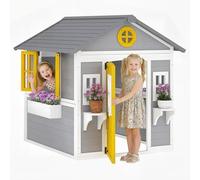 Outsunny Wooden Playhouse for Kids Outdoor Wendy House with Doors, Windows, Plant Pots, Boxes, for 3-8 Years - Grey