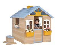 Outsunny Wooden Playhouse for Kids, Outdoor Wendy House with Door, Windows, Bench, Service Stations, Flower Box, for Ages 3-7 Years, Blue