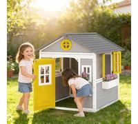 Outsunny Wooden Playhouse with Doors, Windows, Plant Pots for Kids - Grey