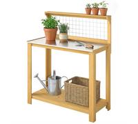 Outsunny Wooden Potting Bench Table With Aluminium Worktop In Natural Natural