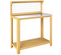 Outsunny Wooden Potting Bench Table with Aluminium Worktop, Outdoor Garden Workbench with 2 Shelves