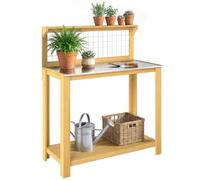 Outsunny Wooden Potting Bench Table with Aluminium Worktop, Outdoor Garden Workbench with Grid Design and 2 Shelves for DIY, Planting Work Station for Patio, Garden, 100 x 48 x 119 cm, Yellow