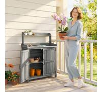 OUTSUNNY Wooden Potting Bench Table with Aluminium Worktop & Top Shelf in Grey Outsunny Grey