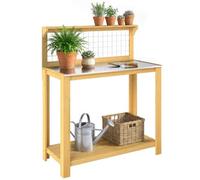 Outsunny Wooden Potting Bench Table Workbench 100 x 48 x 119 cm Yellow | Aluminium Worktop, Outdoor Garden Workbench, Grid Design, 2 Shelves, for DIY, Planting Work Station, for Patio, Garden