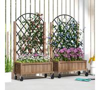 Outsunny Raised Garden Bed with Metal Trellis, Pack of 2 Wooden Elevated Planter Box with Wheels and Drainage Holes, Outdoor Raised Planter for Climbing Plants, Fruits, Vegetables, Flowers, Brown